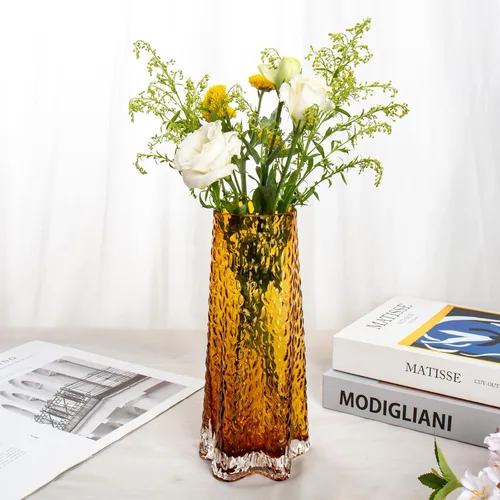 Vista 5 de Floreros de vidrio ámbar grueso para centro de mesa (H: 9 pulgadas de diámetro: 4 pulgadas) jarrones de vidrio para flores, decoración de mesa Ámbar