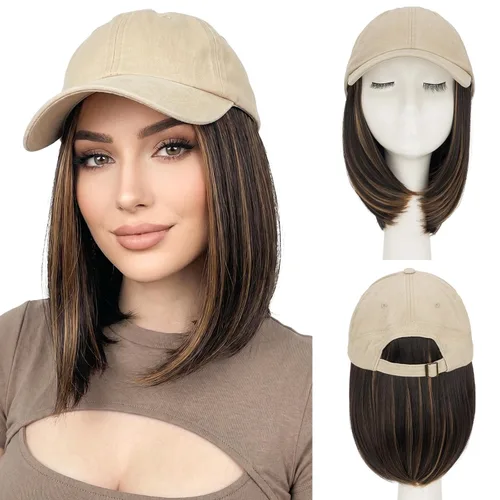 Vista 22 de SEGO - Gorra de béisbol con extensiones de cabello para mujer, resistente al calor, sintético, 6 pulgadas, ajustable, corta, recta, peluca