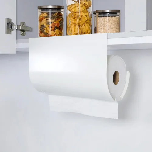 Vista 8 de Soporte para toallas de papel, para debajo del gabinete, estante colgante autoadhesivo sin taladro, fácil de rasgar, dispensador de rollos de cocina