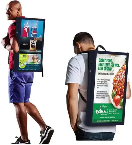 Vista 5 de Welaso Mochila de publicidad video LCD de 21 pulgadas, relación de resolución de 1920 * 1080, cartelera digital de mochila para caminar humana