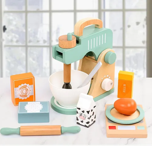 Vista 2 de Juego de juguetes de licuadora de madera para niños, juguete mezclador de galletas para hornear, accesorios de cocina Montessori para niñas y niños
