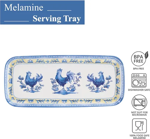 Vista 3 de UP ware Blue Rooster - Bandeja de melamina para servir, bandeja rectangular de 15 x 6.5 pulgadas, bandeja de alimentos sin BPA para entretenimiento