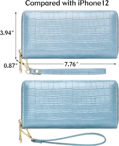 Vista 4 de Badiya Cartera para mujer con bloqueo RFID de cuero con cremallera de gran capacidad para tarjetas de crédito bolso largo Azul