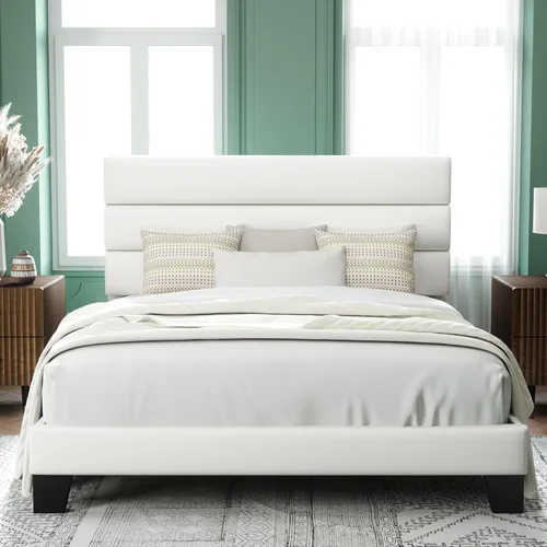 Vista 23 de Allewie Base de cama de plataforma de tamaño individual con cabecera tapizada de tela y soporte de listones de madera, base de colchón totalmente
