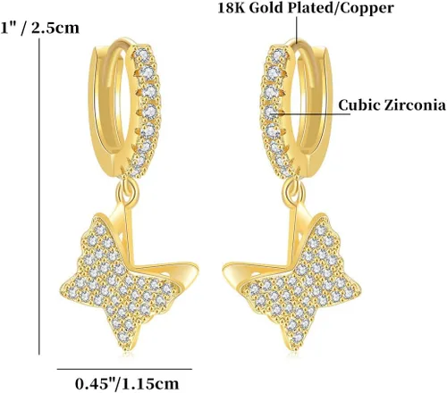 Vista 6 de Aretes colgantes de mariposa para mujer, chapados en oro de 18 quilates, hipoalergénicos, ligeros, circonita cúbica, aretes colgantes para mujeres