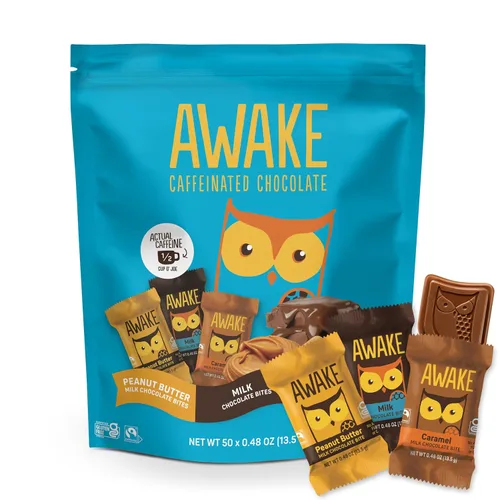 Vista 15 de AWAKE - Bocaditos de chocolate con cafeína - Chocolate con leche crujiente, 50 piezas - 50 mg de cafeína - Dulces envueltos individualmente