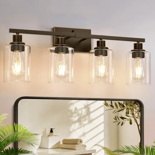 Vista 17 de MOKATNG Juego de 2 apliques de pared para baño, luces de tocador modernas negras con pantalla de vidrio blanco, lámpara de pared de baño