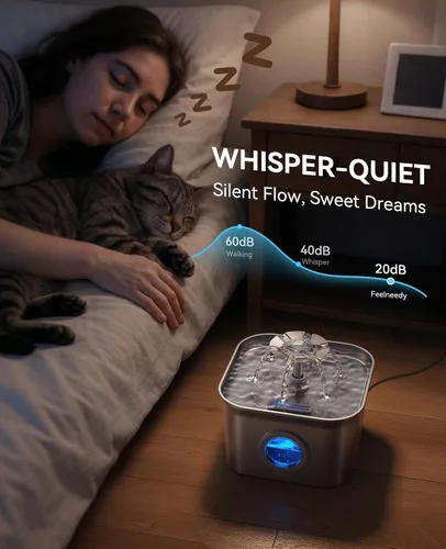 Vista 4 de Fuente de agua para gatos de acero inoxidable, 2.8 L con bomba ultra silenciosa de 20 dB, ideal para mascotas tímidas, ventana LED de nivel de agua