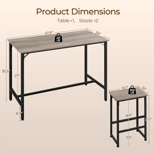 Vista 2 de Yaheetech Juego de mesa de comedor de 3 piezas, juego de mesa de pub industrial de 47.5 pulgadas, mesa de cocina de altura de mostrador