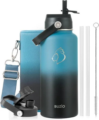 Vista 13 de BUZIO Botella de agua aislada de 24 oz, frasco de agua de boca ancha de acero inoxidable con tapa de pajita, frío durante 48 horas a prueba de Negro