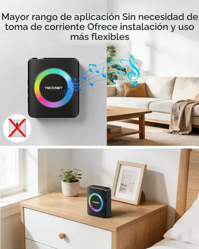 Vista 2 de TECKNET Timbre inalámbrico, timbre de puerta de 0 a 120 dB, rango de batería de 1300 pies, timbres de aula IP66 impermeables, 60 campanadas y 5
