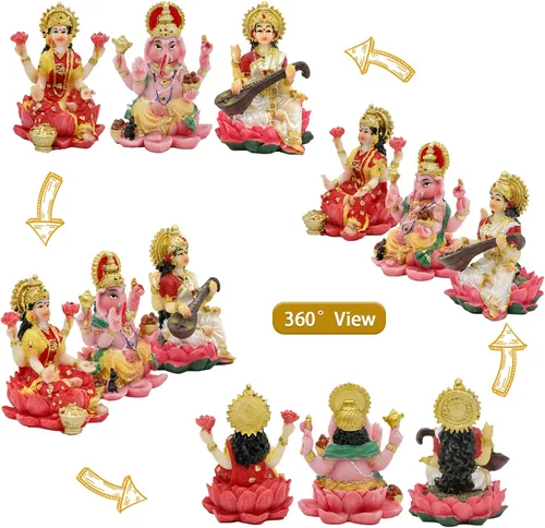 Vista 5 de alikiki Estatua hindú de Laxmi Ganesh Saraswati – 2.5 pulgadas de alto India Dios Lakshmi Ganesha figura para decoración de tablero de automóvil