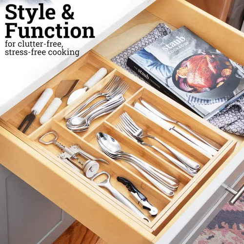 Vista 5 de Dynamic Gear - Organizador de cajones extensible de bambú, cubertería y bandeja de utensilios de calidad, 100% bambú puro, separador de cajones