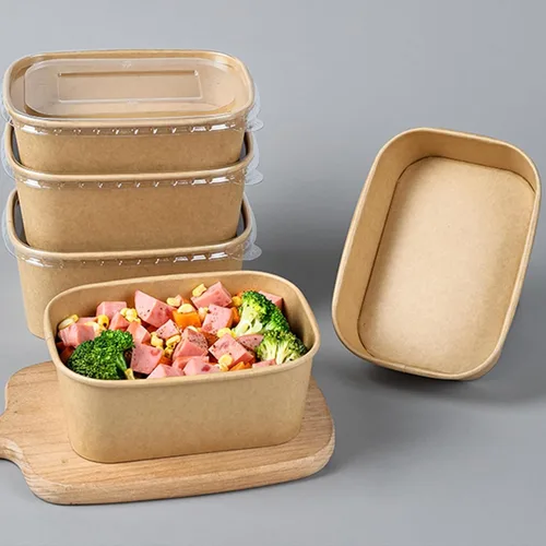 Vista 6 de Paquete de 50 recipientes de papel de 25 onzas con tapas, recipientes desechables de papel Kraft, cuencos de ensalada apilables a prueba de aceite