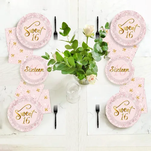 Vista 6 de 96 Piezas Platos y Servilletas de Fiesta de Cumpleaños Sweet 16 Color Oro Rosa Suministros para Fiestas Juego de Vajilla para Fiesta de Dieciséis