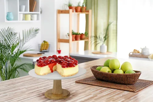 Vista 10 de Soporte de cerámica blanca para tartas con base de bambú, soporte para pasteles y postres para bodas y cumpleaños, decoración de cocina y hogar