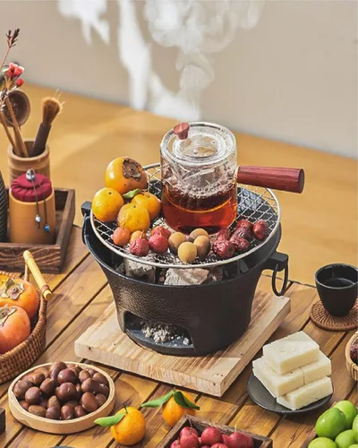 Vista 3 de Parrilla Hibachi de hierro fundido, parrilla hibachi al aire libre, estufa de camping portátil, mesa hibachi, pequeña parrilla de carbón portátil