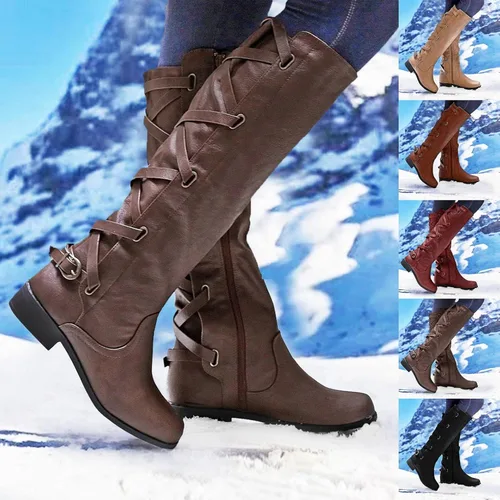 Vista 4 de Masbird Botas para mujer, botas planas de cuero estilo retro y casual, punta redonda, correa de hebilla de tacón bajo, botas de invierno altas hasta