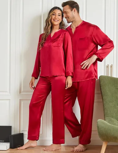 Vista 4 de SWOMOG Conjunto de pijamas de seda a juego para parejas, de satén, con botones, camisa de manga larga y pantalones, ropa de dormir para la familia