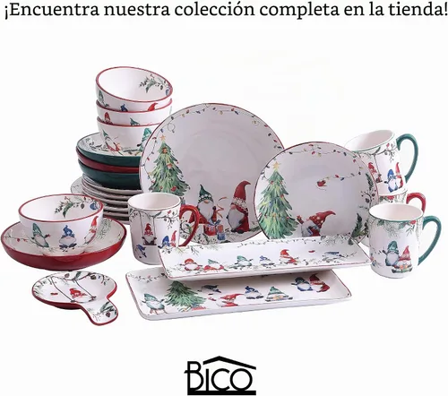 Vista 3 de Bico Juego de 4 platos de ensalada de gnomos de Navidad, platos de postre de cerámica de 8.75 pulgadas para ensalada, aperitivo, guarniciones