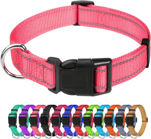 Vista 48 de TagME Collares de nailon reflectantes para perros, collar ajustable clásico para mascotas con hebilla de liberación rápida para cachorros, rosa Rosa