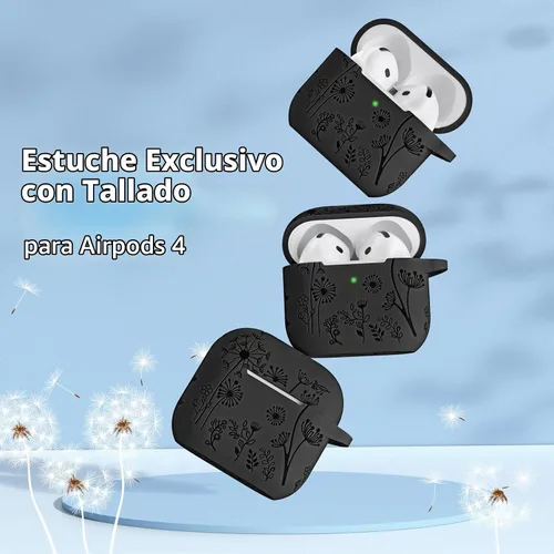 Vista 2 de Lerobo Funda para AirPods 5/4, funda de silicona suave grabada con flores A-Negro