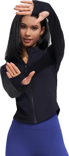 Vista 4 de Chaqueta deportiva de manga larga para mujer, con cremallera completa, para correr, entrenamiento, yoga, ropa deportiva con agujeros para el pulgar