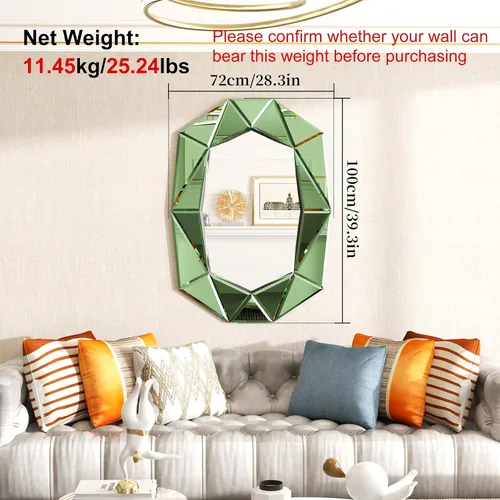 Vista 2 de Espejo de pared ovalado con forma de diamante: marco de espejo verde 39.4 x 27.5 pulgadas Elegante decoración de espejo para el hogar moderno