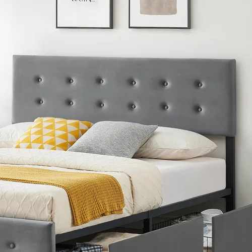 Vista 6 de Alkmaar Base de cama tapizada de terciopelo tamaño matrimonial con 4 cajones de almacenamiento y cabecero, base de colchón con botones cosidos