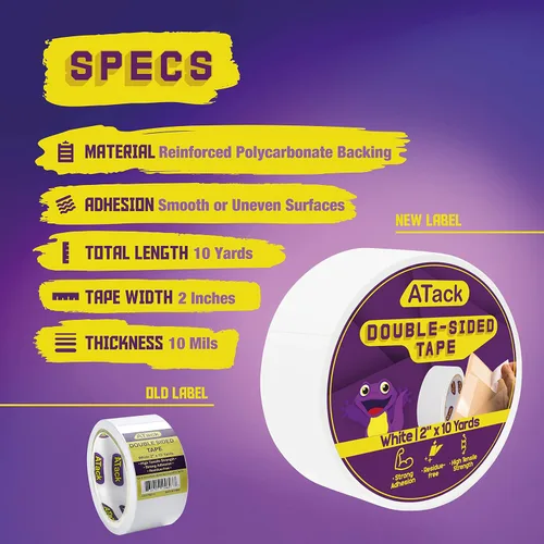 Vista 2 de ATack Cinta de doble cara blanca, 2 pulgadas x 10 yardas, cinta de tela de pared autoadhesiva de doble cara resistente para plantillas de madera