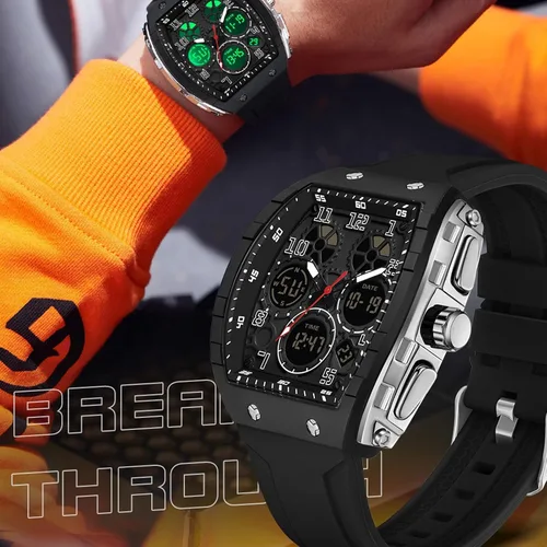 Vista 5 de Relojes para hombre, únicos rectángulos, reloj de pulsera blanco con pantalla digital analógica de doble hora, cronómetro de cuenta regresiva