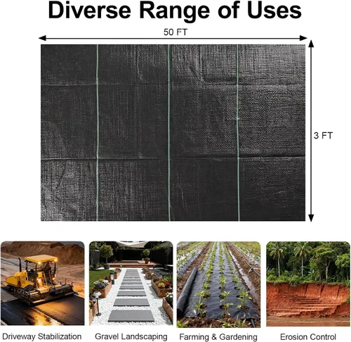 Vista 6 de Tela de barrera de malezas de 3 x 50 pies, 3.2 onzas, resistente para control de malas hierbas, tela geotextil tejida de alta permeabilidad