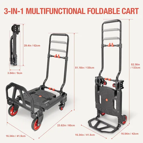 Vista 2 de Carro de mano 2 en 1 plegable, carretilla de mano plegable de 330 libras, resistente, combinación de 4 ruedas y 2 ruedas, carrito convertible