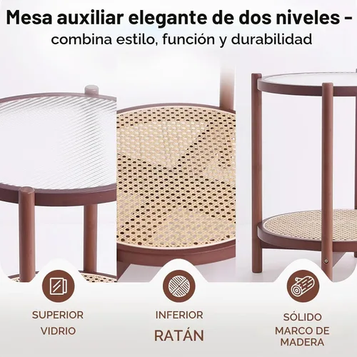 Vista 4 de Tiita Mesa auxiliar de ratán, mesa auxiliar redonda moderna de bambú, tapa Nogal (19.7 x 19.7 x 22.4 pulgadas)