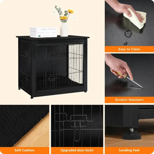 Vista 5 de DWANTON - Perrera con cojín, de madera, con puertas dobles, para interiores, S, M, L, 27.2 pulgadas de largo, negro