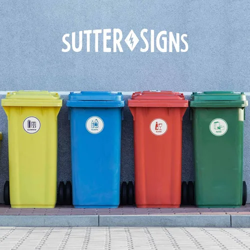 Vista 5 de Sutter Signs Calcomanías de reciclaje para papelera, 3.5 pulgadas de ancho, 5 calcomanías de reciclaje para contenedores de plástico, papel