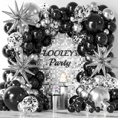 Vista 12 de Kit de guirnalda de arco de 137 piezas de globos negros, dorados y plateados con estrellas - 5, 10, 12, 18 pulgadas globos de látex negros, dorados