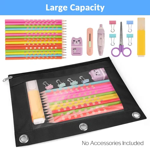 Vista 4 de Sooez Estuche para lápices para carpeta de 3 aros, paquete de 2 estuches para lápices con ventana transparente, bolsas para lápices con cremallera