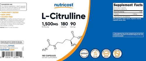 Vista 6 de Nutricost L-citrulina 1500 mg, 180 cápsulas – 750 mg por cápsula, sin gluten, sin OMG, el embalaje puede variar (paquete de 2)