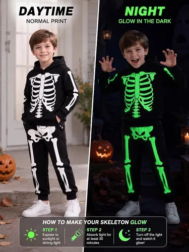 Vista 3 de uideazone Boys Halloween Skeleton Hoodie Pants Set Glow in the Dark 5-12Y