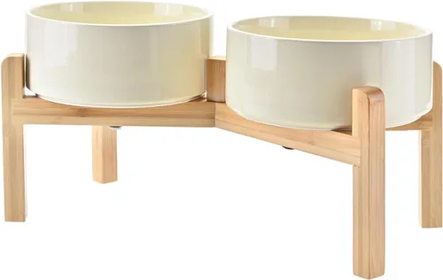 Vista 29 de SPUNKYJUNKY Cuencos elevados de cerámica para perros, 5.1 pulgadas, para comida de perros y gatos, cuencos elevados con soporte de bambú Verde oscuro