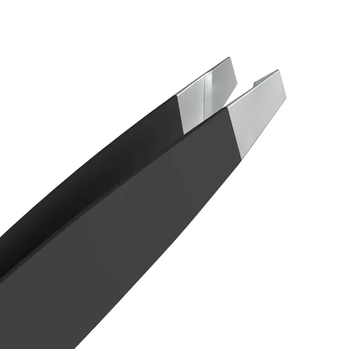 Vista 2 de Pinzas de acero inoxidable negras de precisión Punta inclinada profesional y pinzas de punta astilla para cejas Herramienta de eliminación