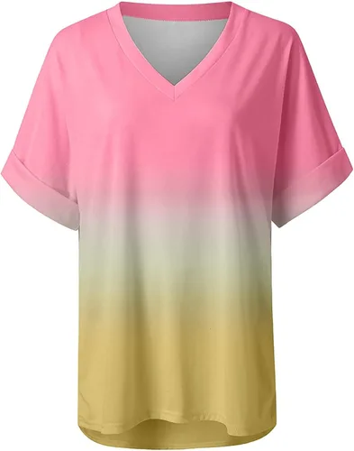 Vista 5 de Camisetas básicas de verano para mujer, con bloques de color, lindas camisetas con estampado degradado, cuello en V, manga corta, con abertura