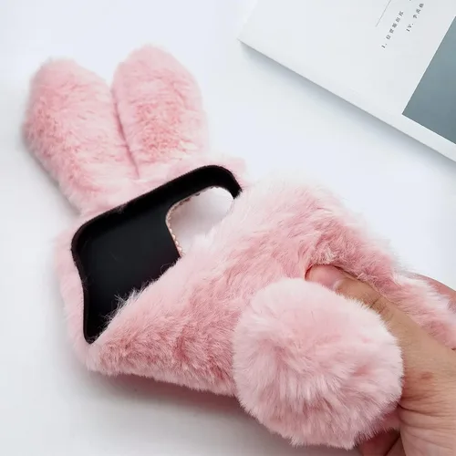 Vista 5 de Compatible con iPhone 13 Pro Max - Funda de conejo para niñas, de piel de lujo, cálida, hecha a mano, peluda, mullida, suave, 3D, oreja, pelo