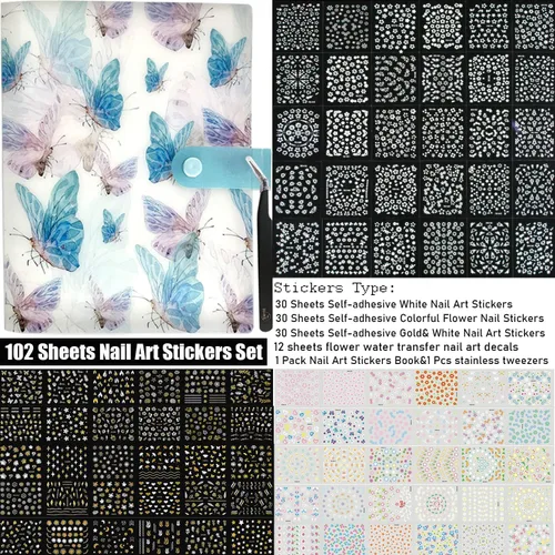 Vista 2 de 102 hojas de calcomanías para arte de uñas y libro de almacenamiento, 5200 piezas de calcomanías autoadhesivas 3D blancas con diseños florales
