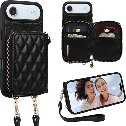 Vista 63 de Funda para iPhone 12 Pro/iPhone 12 de 6.1 pulgadas, cartera cruzada con cremallera para mujer, tarjetero con bloqueo RFID, funda de cuero con Negro