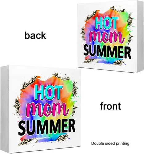 Vista 3 de Letrero de madera de verano con texto en inglés "Hot Mom", diseño rústico de leopardo de verano, decoración de escritorio para casa costera, playa