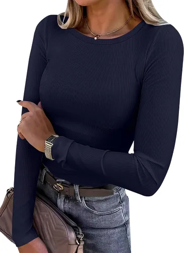 Vista 25 de ANRABESS - Camisetas de manga larga para mujer, de punto acanalado, ajustadas, básicas, 2025, informales, para usar a capas o debajo del uniforme