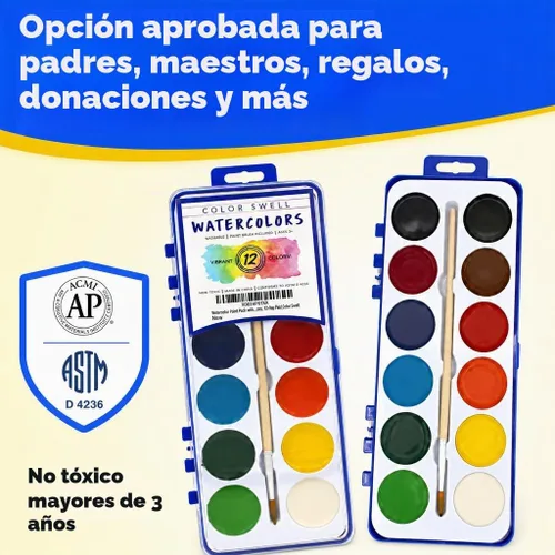 Vista 2 de Color Swell - Acuarelas a granel de 12 colores con pinceles de madera, paquete de 18