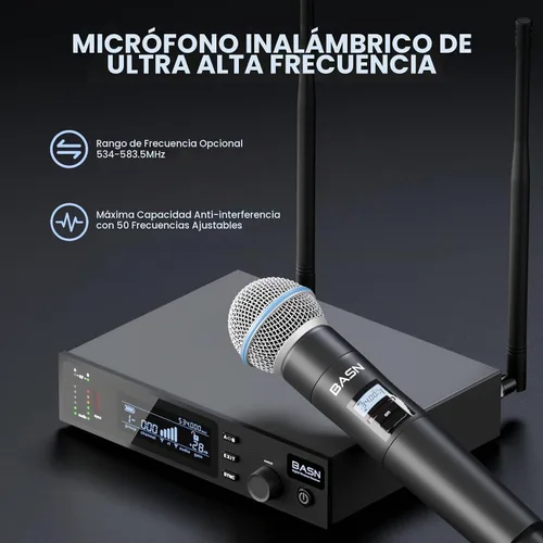 Vista 3 de BASN UHF Sistema de micrófono inalámbrico de mano de doble canal (negro)